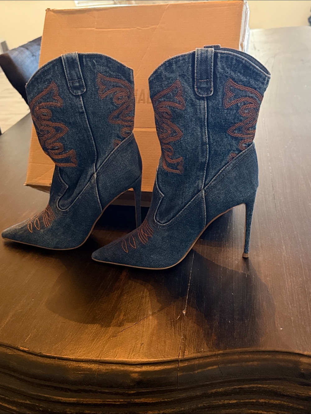 Steve Madden Denim Blue Embroidered Pointed-Toe Stiletto Boots